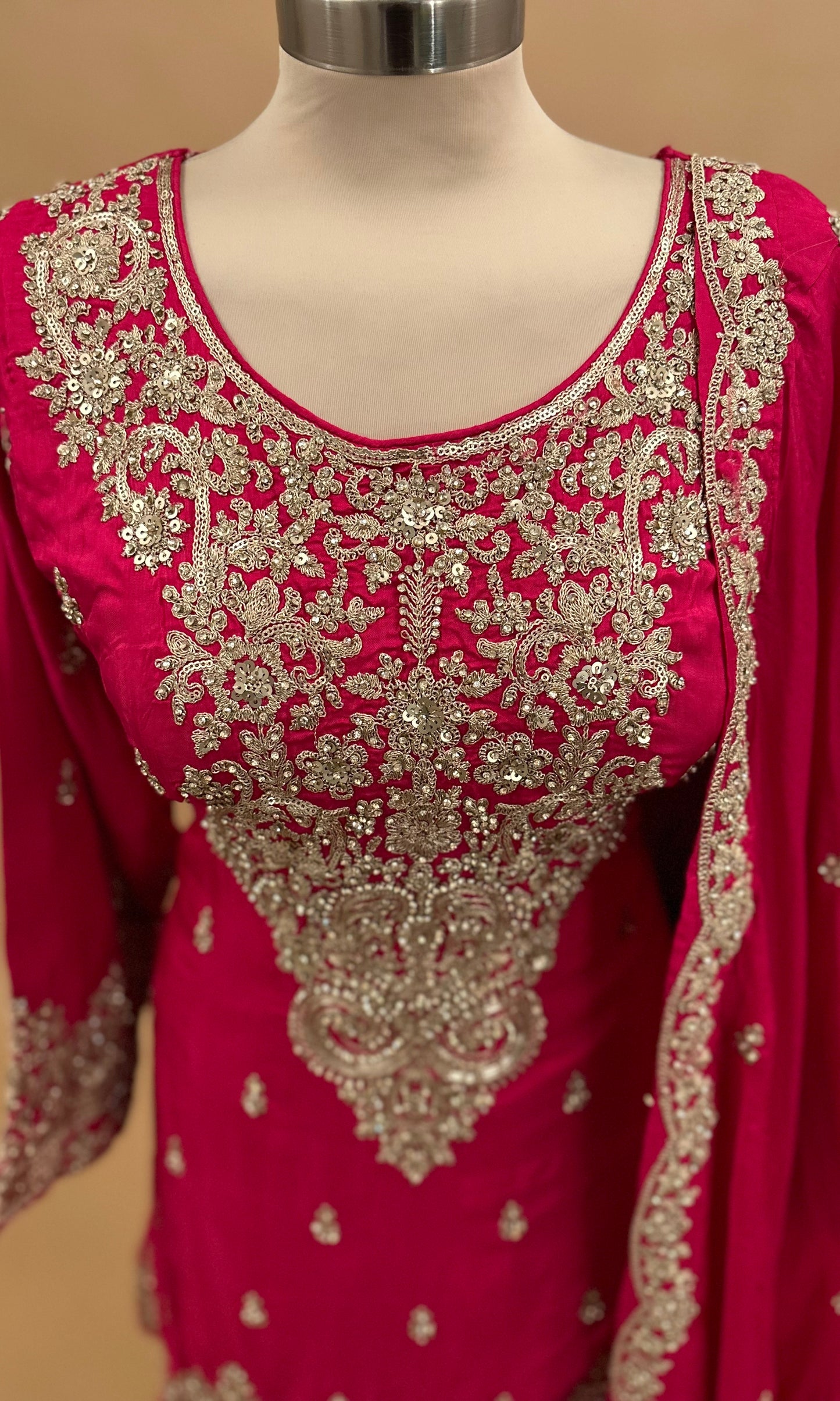 Heavy Stone Work Embroiderey Pinkish Red Color Farshi Salwar Suit With Dupatta