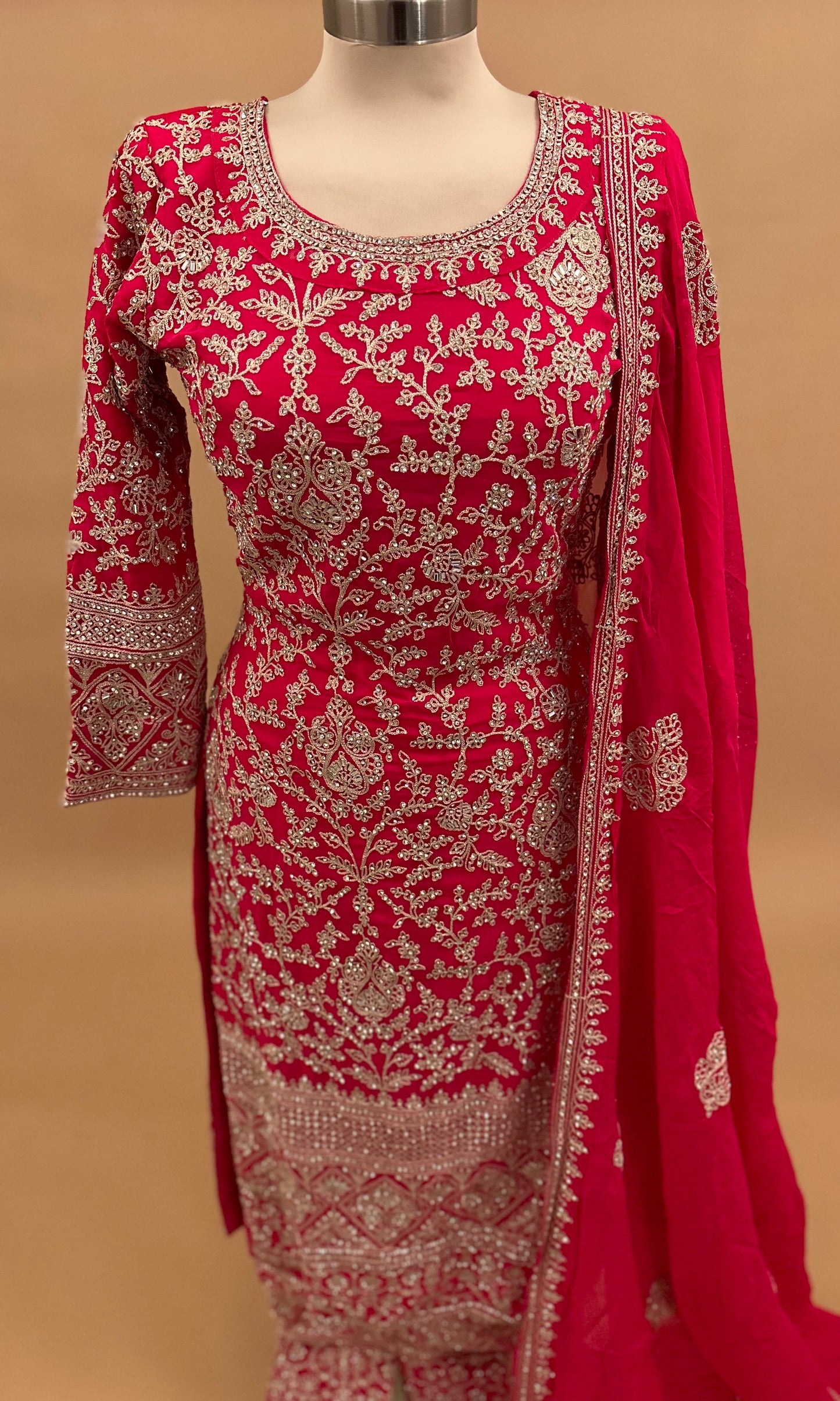 Long Kameez Pinkish Red Color Party Wear Heavy Suit With Pants On Bottom