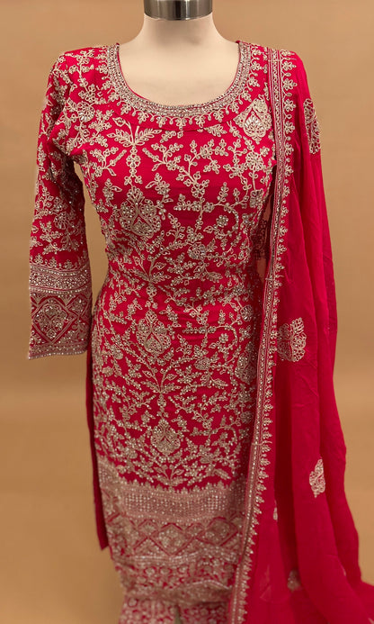 Long Kameez Pinkish Red Color Party Wear Heavy Suit With Pants On Bottom
