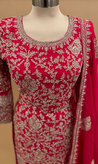 Long Kameez Pinkish Red Color Party Wear Heavy Suit With Pants On Bottom
