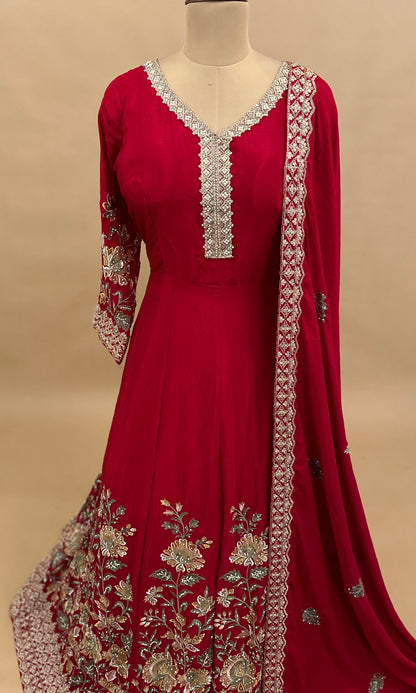 Georgette Fabric Party Wear Red Color Long Dress With Dupatta