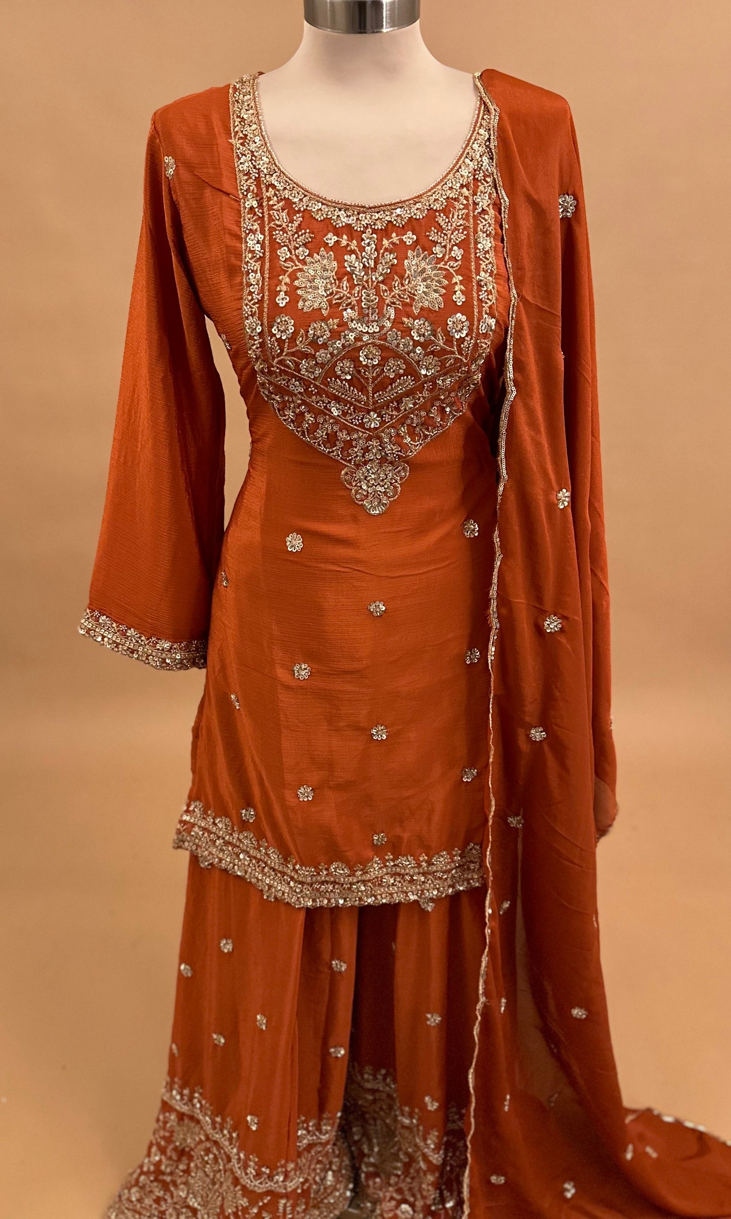 Hand Work Embroiderey Orange Color Party Wear Palazzo Suit With Dupatta