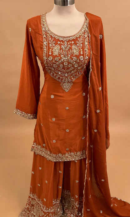 Hand Work Embroiderey Orange Color Party Wear Palazzo Suit With Dupatta