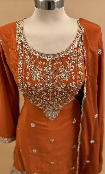 Hand Work Embroiderey Orange Color Party Wear Palazzo Suit With Dupatta