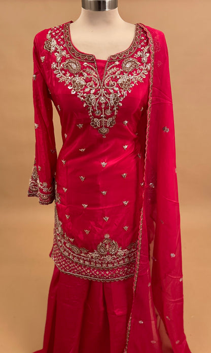 Hand Work Pinkish Red Color Party Wear Palazzo Suit With Dupatta