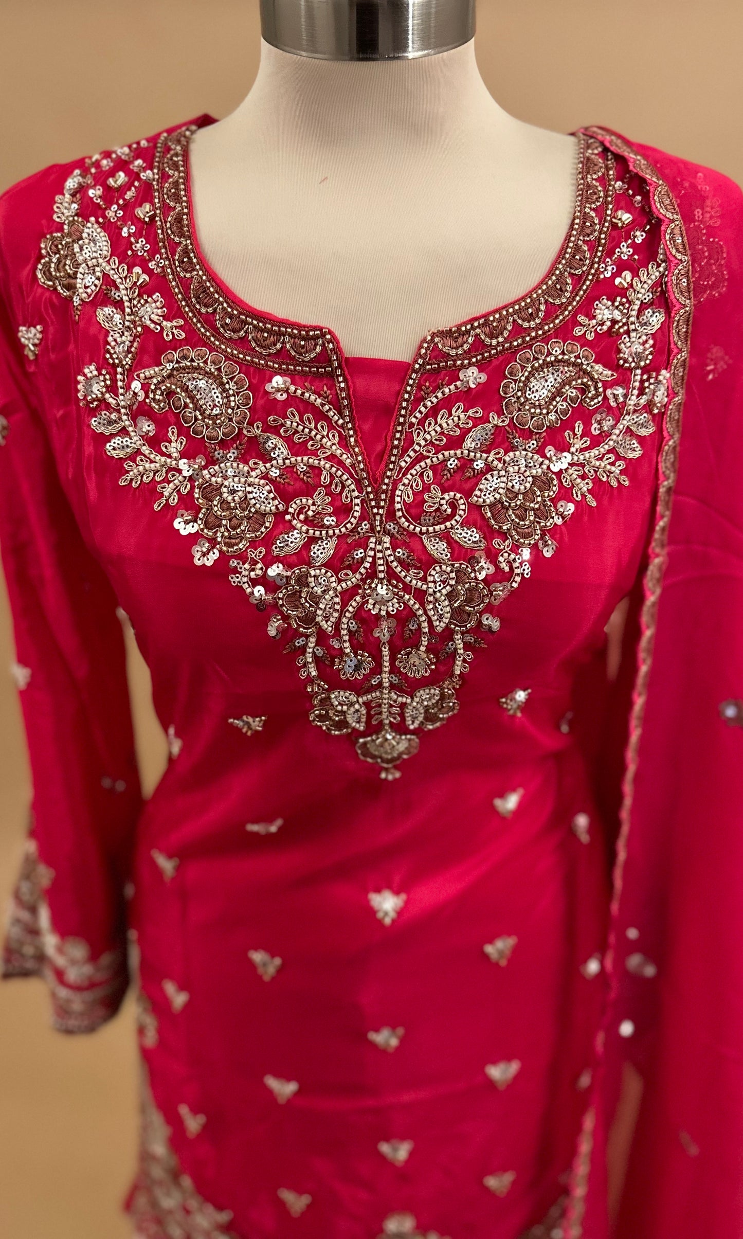 Hand Work Pinkish Red Color Party Wear Palazzo Suit With Dupatta