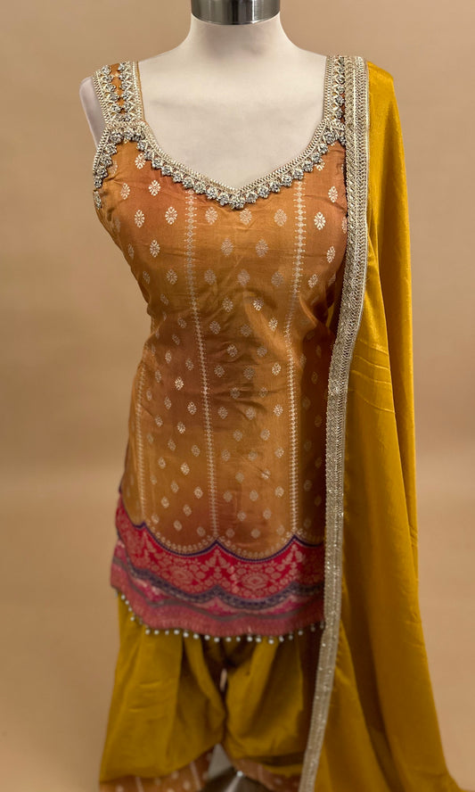 Yellow Color Bnarsi Print Light Weight Farshi Salwar Suit With Dupatta