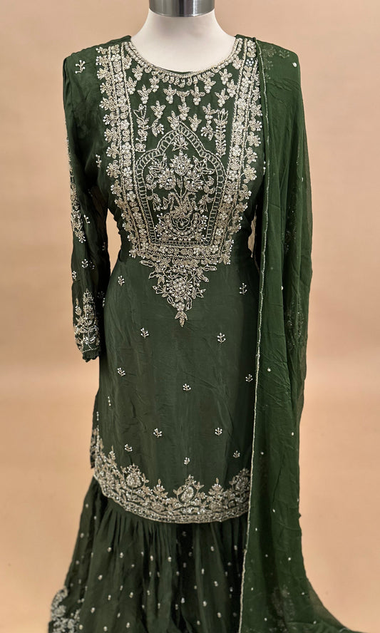 Elegant Green Color Style Party Wear Sharara Suit With Dupatta
