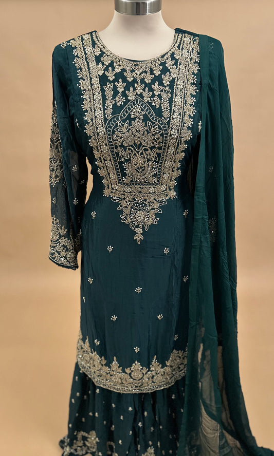 Teal Green Color Elegant Style Party Wear Sharara Suit With Dupatta
