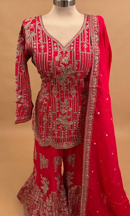 Pinkish Red Color Stone Work Embroiderey Sharara Suit With Dupatta
