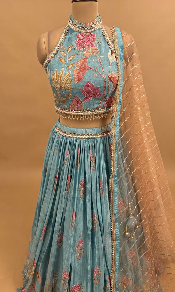 Backless Blue Color Dasheen Fabric Elegant Style Party Wear Lehenga Set With Dupatta